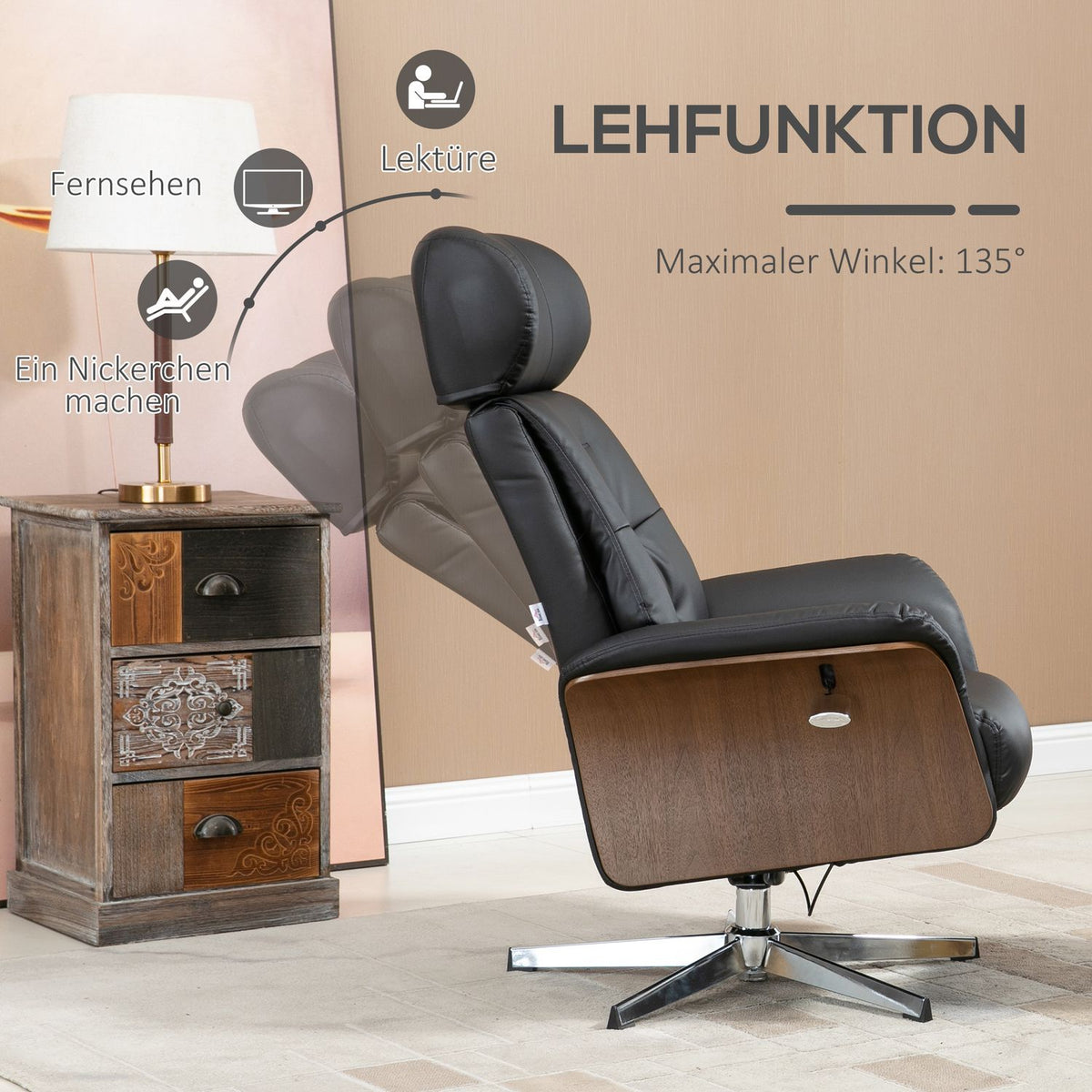 Relaxation chair with stool and reclining function, TV chair, swivel recliner, up to 150 kg, faux leather, black