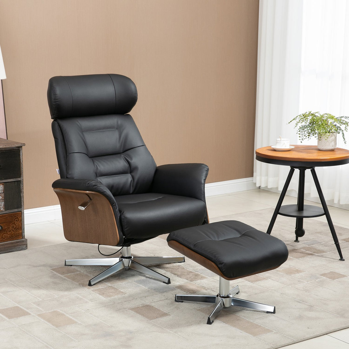 Relaxation chair with stool and reclining function, TV chair, swivel recliner, up to 150 kg, faux leather, black