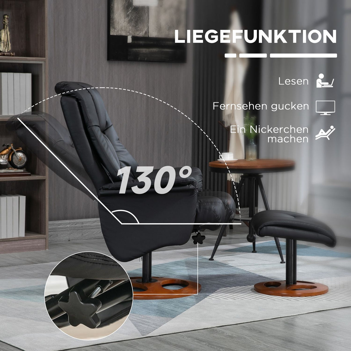 Relaxation chair with stool, electric TV chair with reclining function, 130° tiltable, black faux leather, 77 x 89 x 110 cm