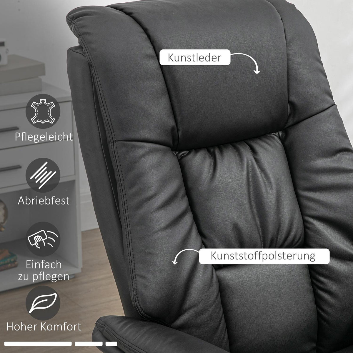 Relaxation chair with stool, electric TV chair with reclining function, 130° tiltable, black faux leather, 77 x 89 x 110 cm