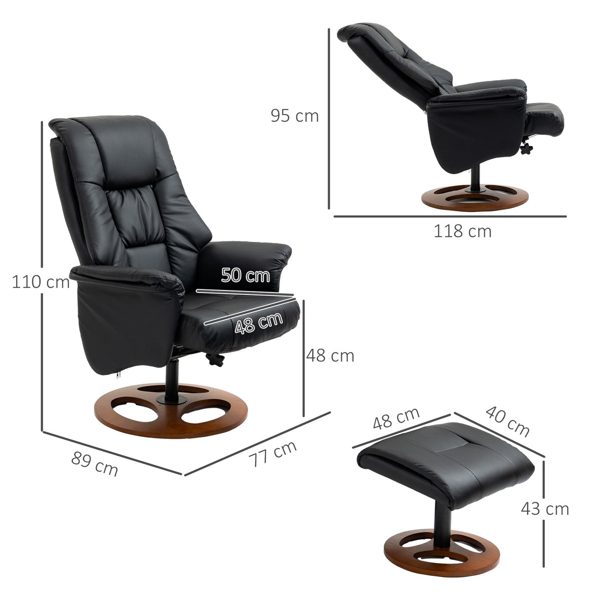 Relaxation chair with stool, electric TV chair with reclining function, 130° tiltable, black faux leather, 77 x 89 x 110 cm