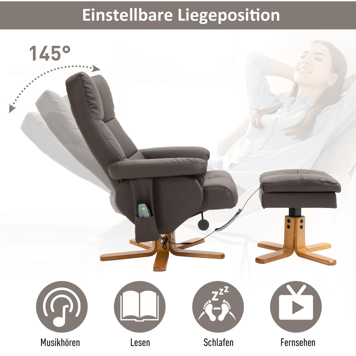 Relaxation chair with stool, massage chair, TV chair, 145° tilt, 10 vibration points, faux leather, brown