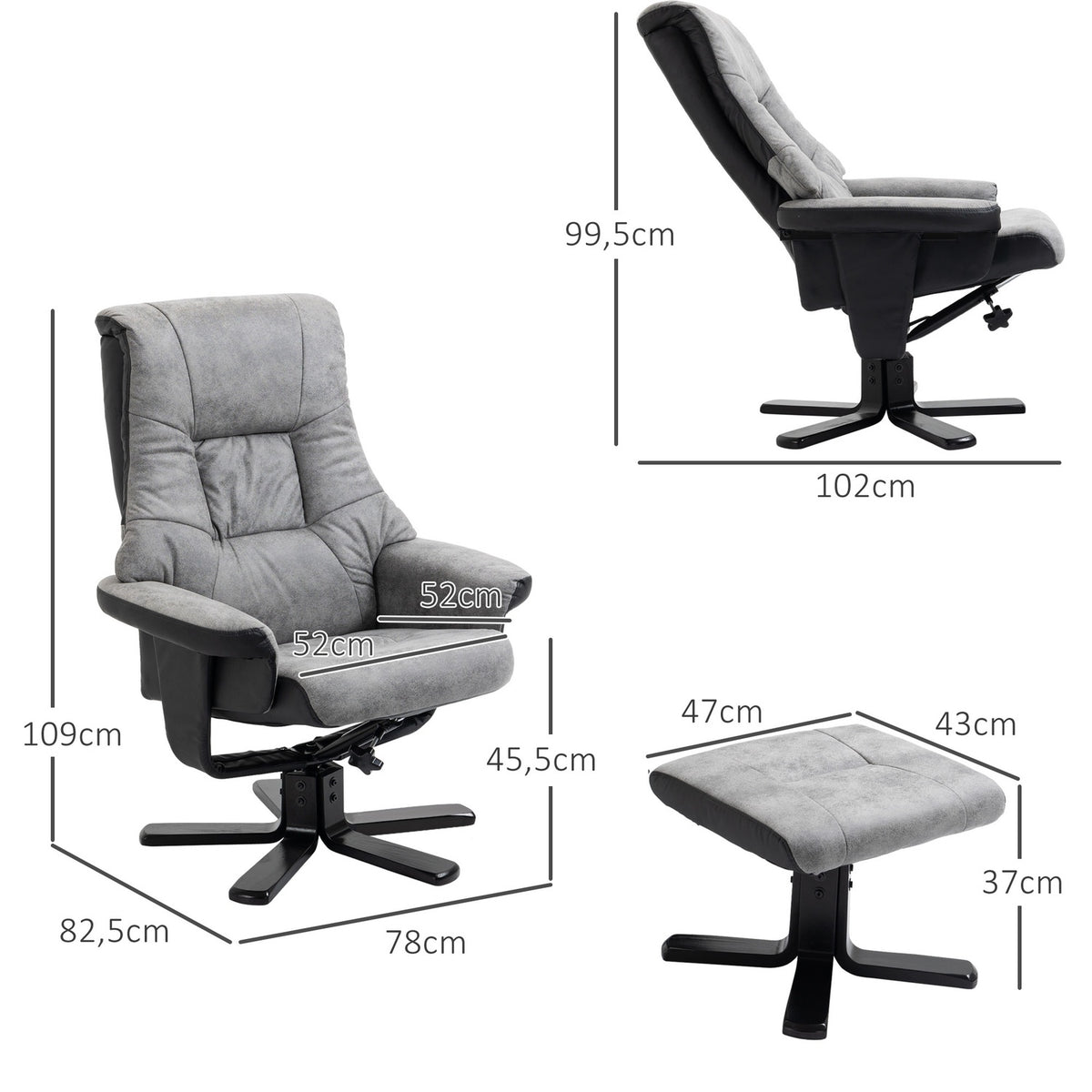 Relaxation chair with stool, rotating TV chair, TV chair with reclining function, microfiber gray, 78 x 82.5 x 109 cm