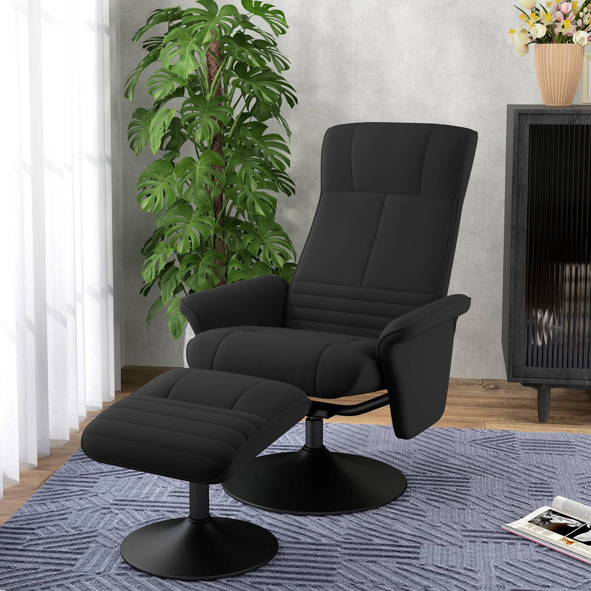 Relaxation chair with stool, rotating TV chair with reclining function, TV chair with a load capacity of up to 150 kg, reclining chair for living room, bedroom, microfiber cloth, black