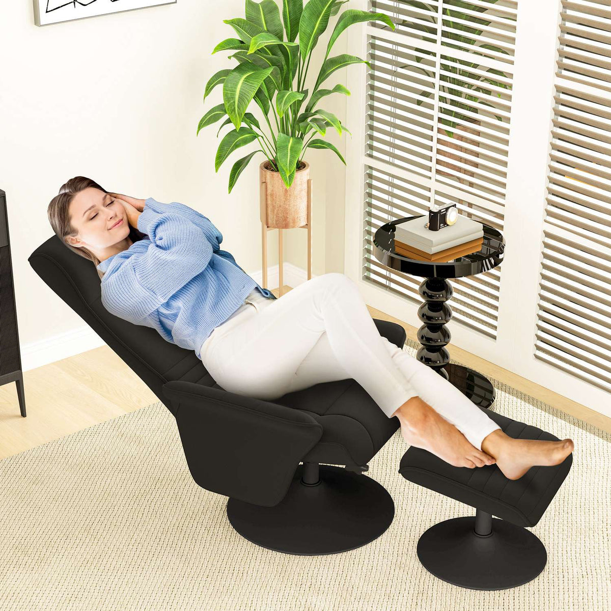 Relaxation chair with stool, rotating TV chair with reclining function, TV chair with a load capacity of up to 150 kg, reclining chair for living room, bedroom, microfiber cloth, black