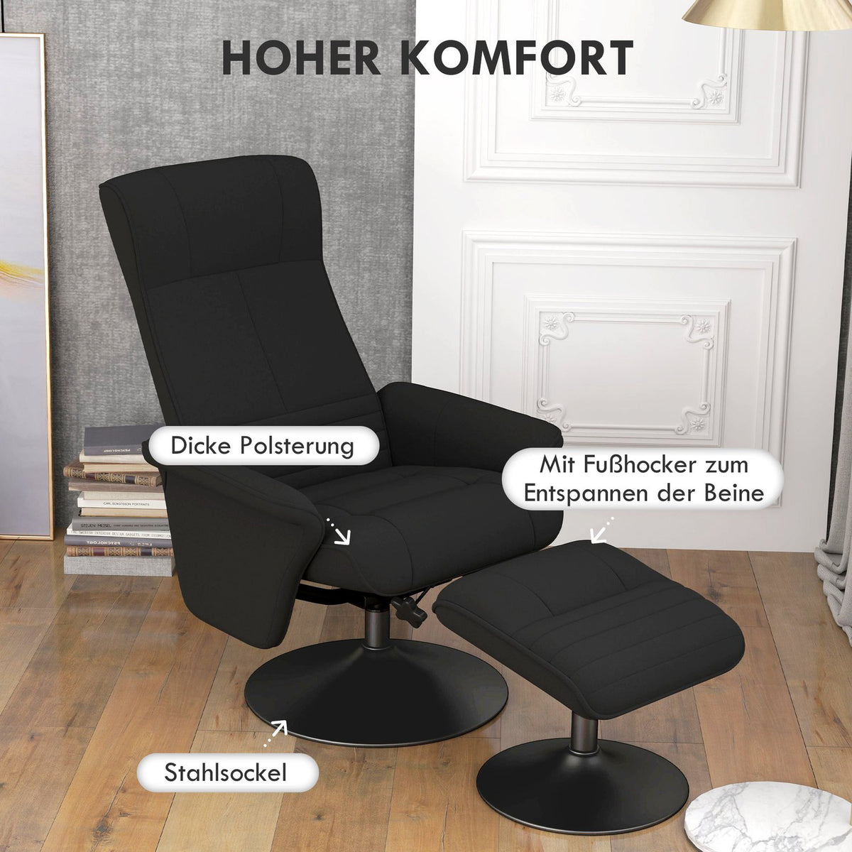 Relaxation chair with stool, rotating TV chair with reclining function, TV chair with a load capacity of up to 150 kg, reclining chair for living room, bedroom, microfiber cloth, black