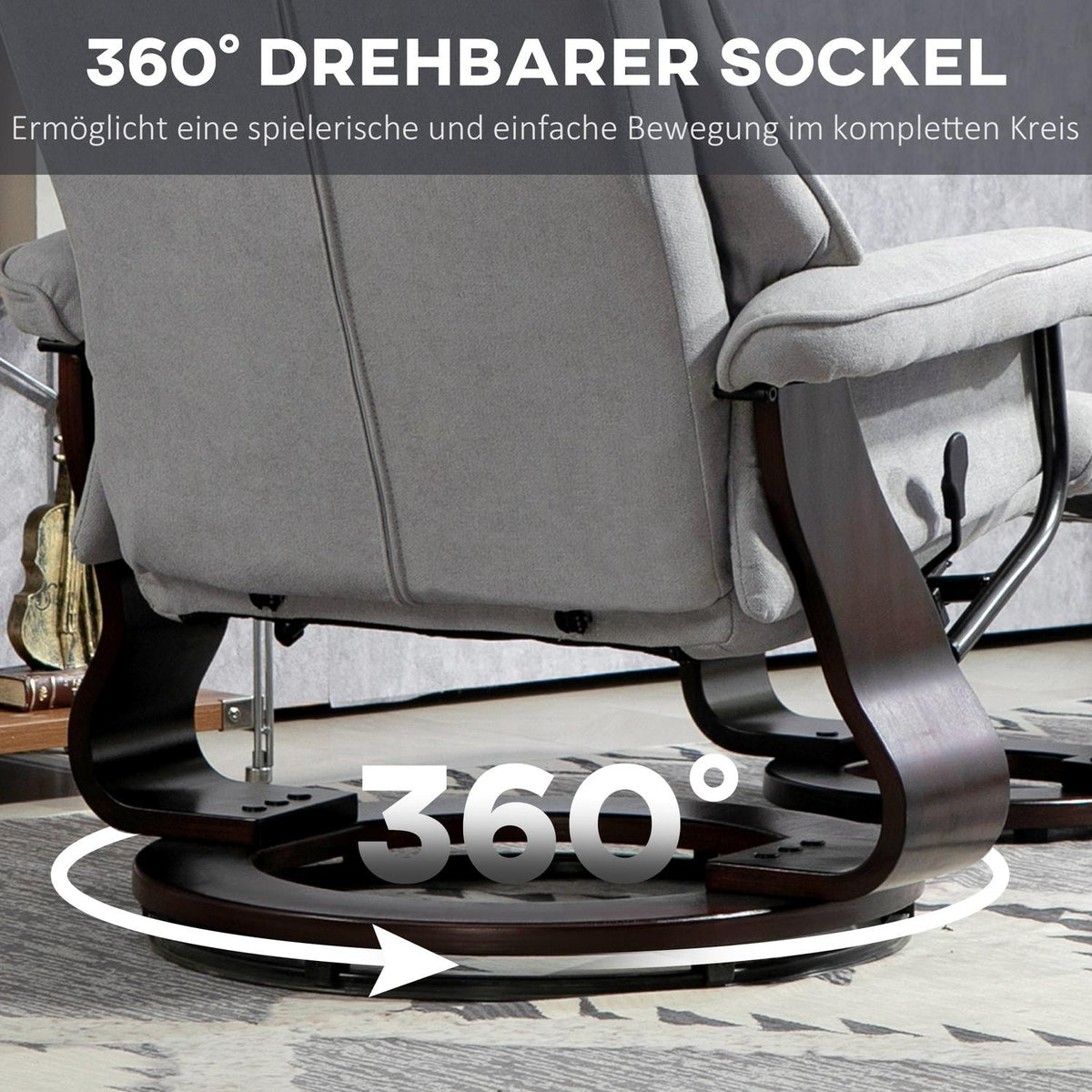 Relaxation chair with stool, rotating TV chair with reclining function, rocker function, reclining chair with double-layer high backrest, velvet look, for living room, bedroom, gray