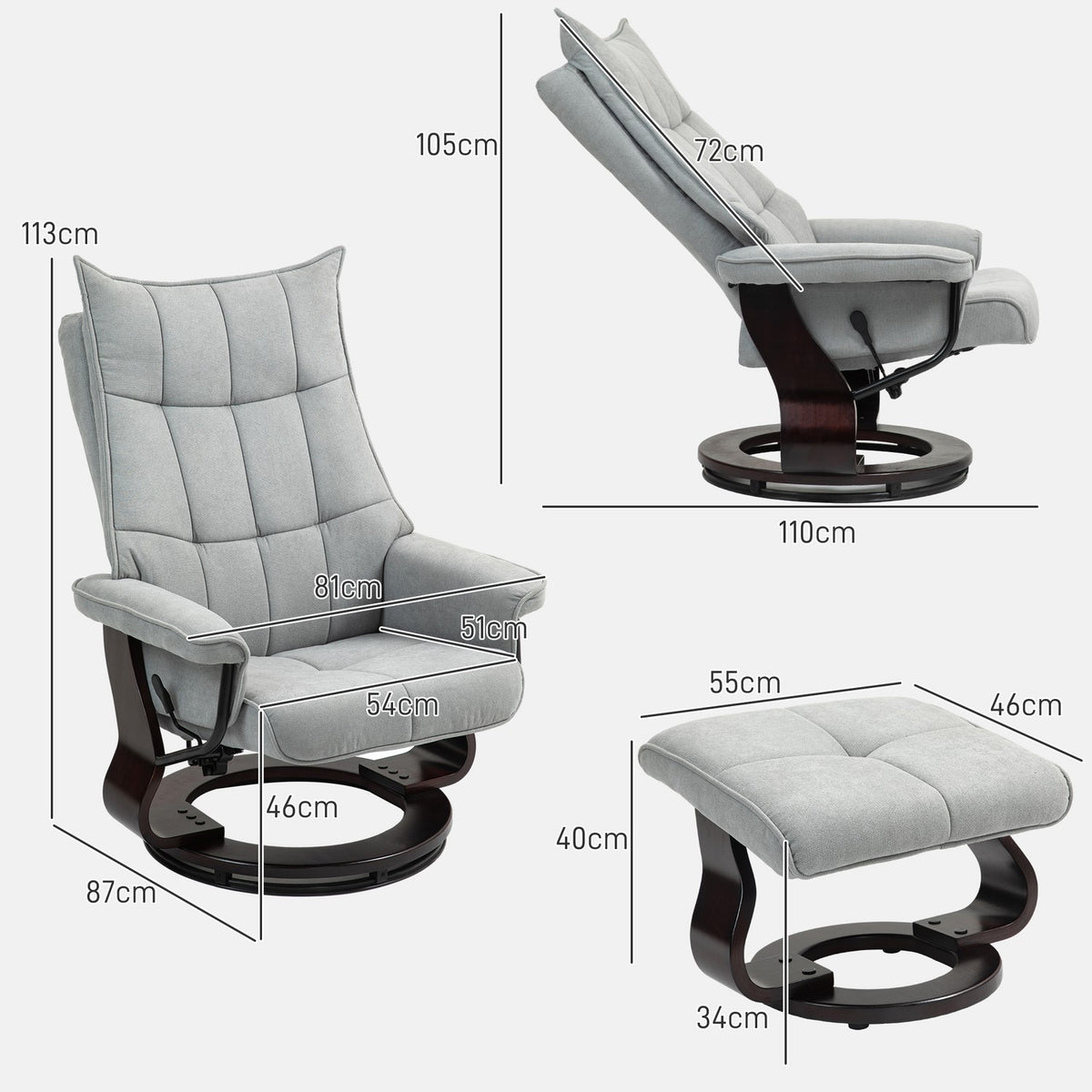 Relaxation chair with stool, rotating TV chair with reclining function, rocker function, reclining chair with double-layer high backrest, velvet look, for living room, bedroom, gray