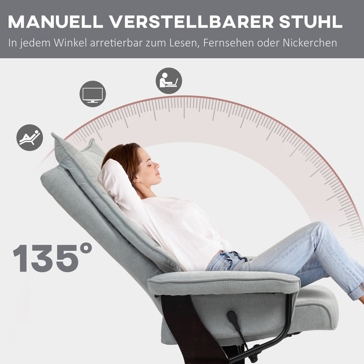 Relaxation chair with stool, rotating TV chair with reclining function, rocker function, reclining chair with double-layer high backrest, velvet look, for living room, bedroom, gray