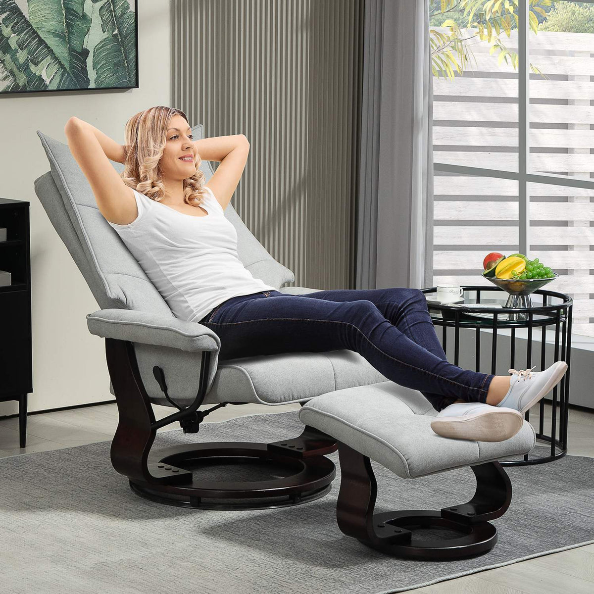 Relaxation chair with stool, rotating TV chair with reclining function, rocker function, reclining chair with double-layer high backrest, velvet look, for living room, bedroom, gray