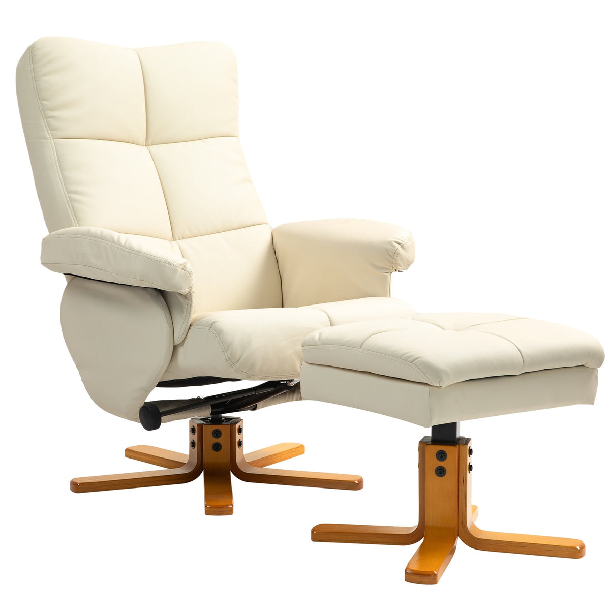 Relaxation chair with stool, storage space, upholstered TV chair with reclining function, 360° rotatable TV chair for bedroom, living room, faux leather, cream white