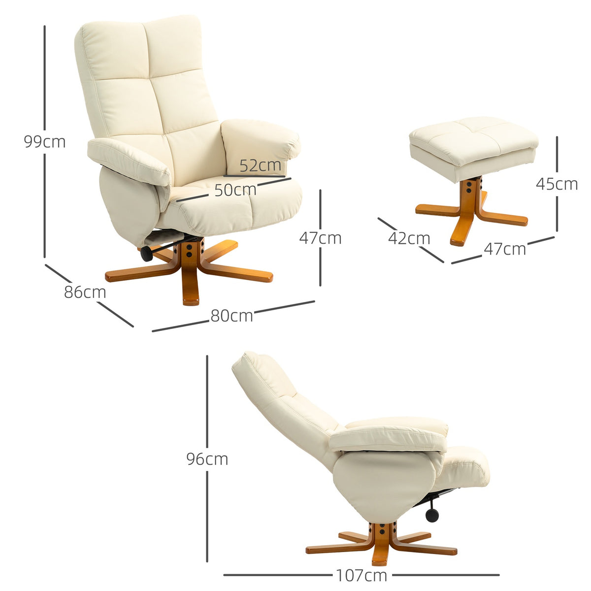 Relaxation chair with stool, storage space, upholstered TV chair with reclining function, 360° rotatable TV chair for bedroom, living room, faux leather, cream white
