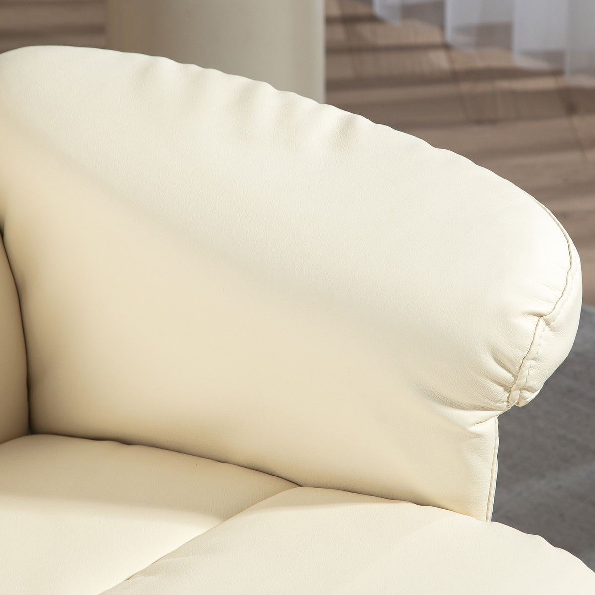 Relaxation chair with stool, storage space, upholstered TV chair with reclining function, 360° rotatable TV chair for bedroom, living room, faux leather, cream white