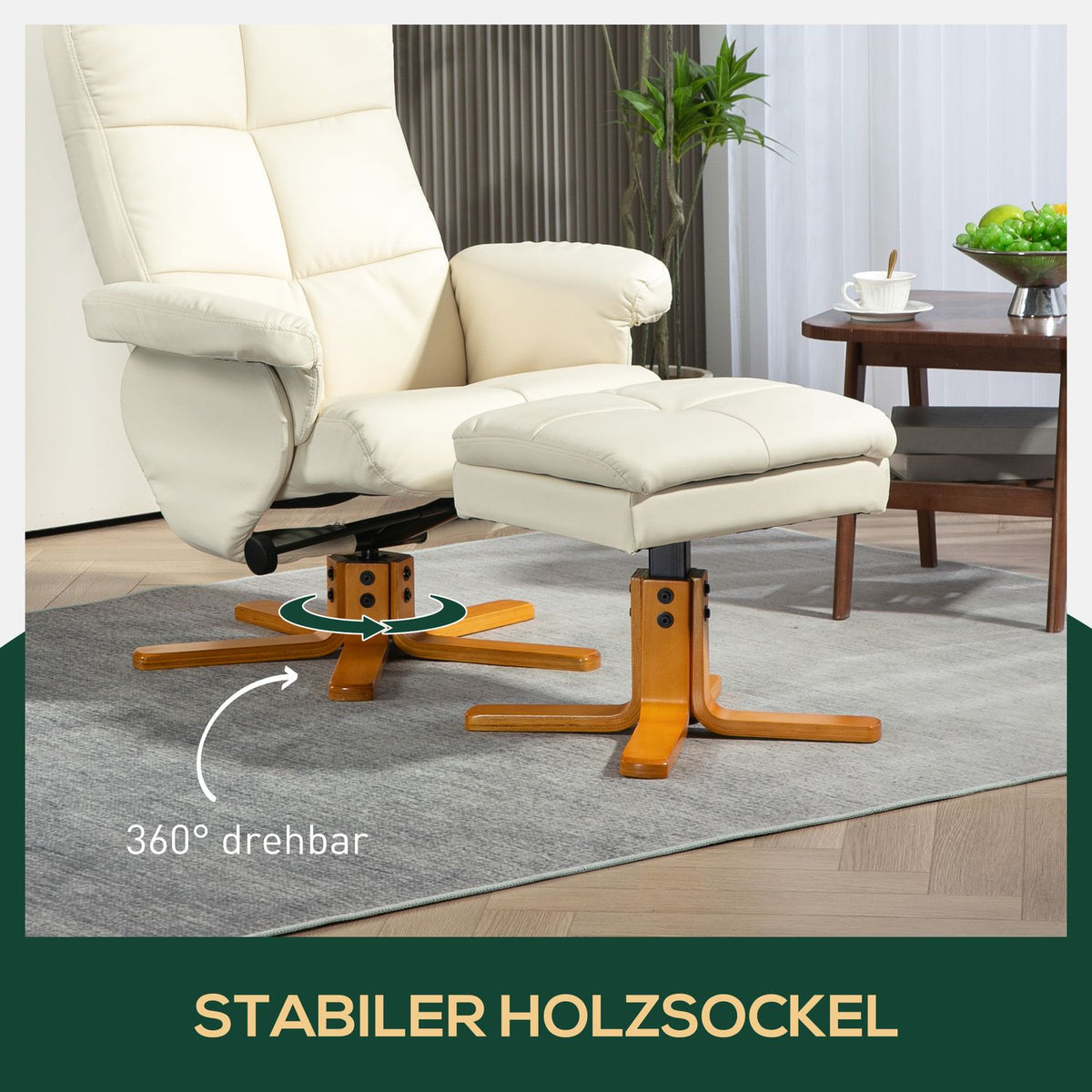 Relaxation chair with stool, storage space, upholstered TV chair with reclining function, 360° rotatable TV chair for bedroom, living room, faux leather, cream white