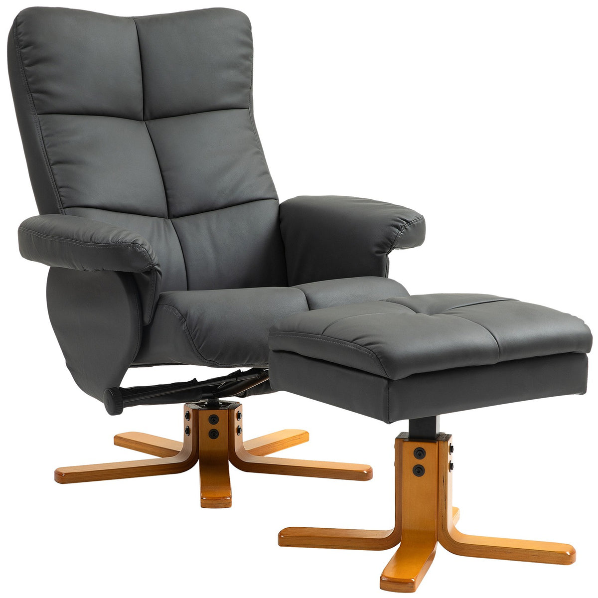 Relaxation chair with stool, storage space, upholstered TV chair with reclining function, 360° rotatable TV chair for bedroom, living room, faux leather, dark gray