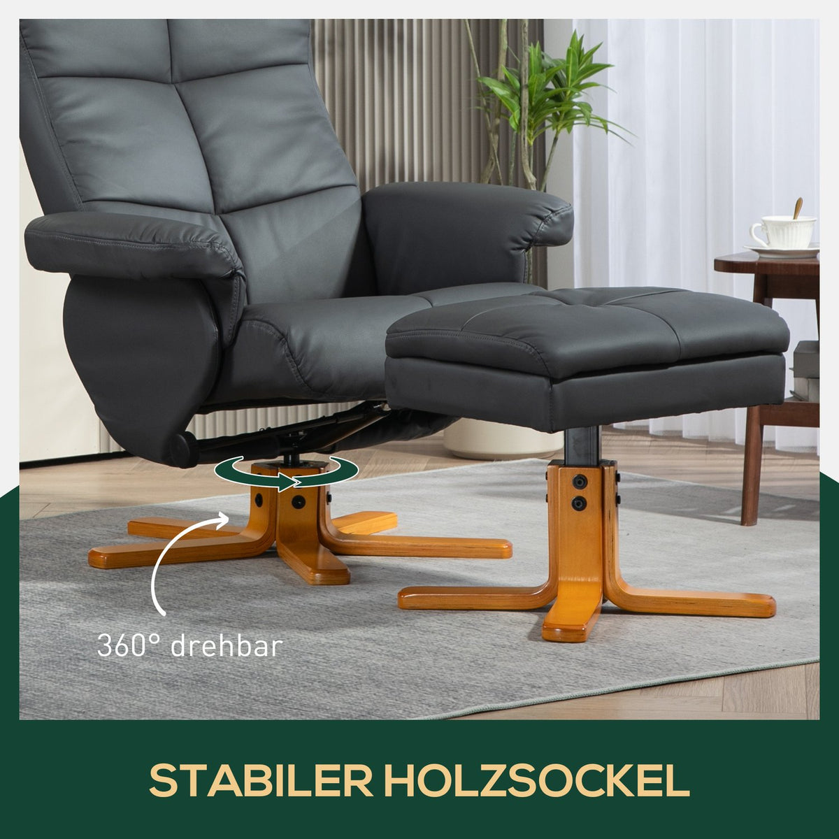 Relaxation chair with stool, storage space, upholstered TV chair with reclining function, 360° rotatable TV chair for bedroom, living room, faux leather, dark gray
