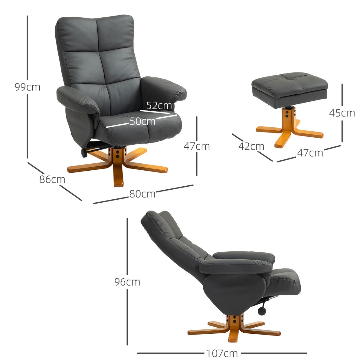 Relaxation chair with stool, storage space, upholstered TV chair with reclining function, 360° rotatable TV chair for bedroom, living room, faux leather, dark gray