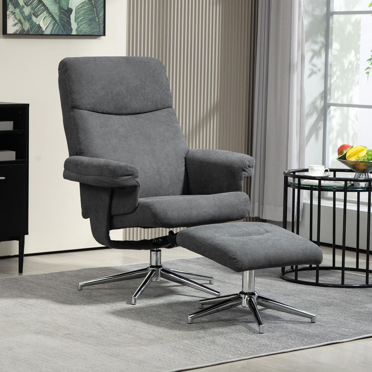 Relaxation chair with stool, upholstered TV chair with reclining function, reclining chair with velvet look, load capacity up to 150 kg, for living room, bedroom, dark gray