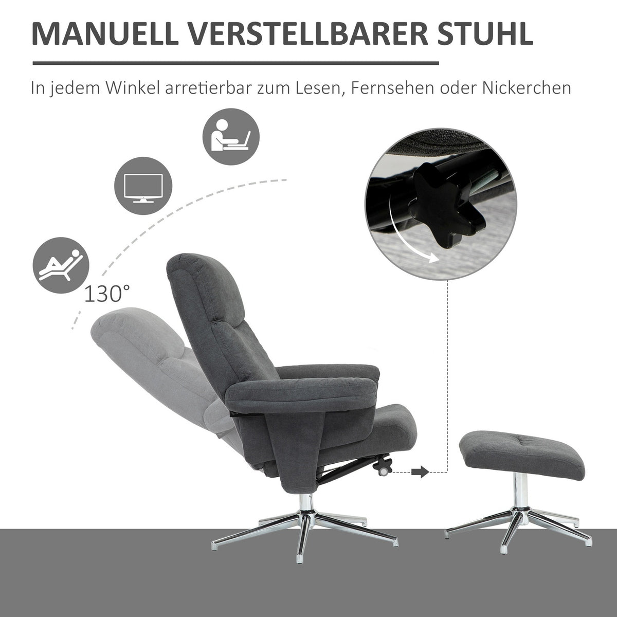 Relaxation chair with stool, upholstered TV chair with reclining function, reclining chair with velvet look, load capacity up to 150 kg, for living room, bedroom, dark gray