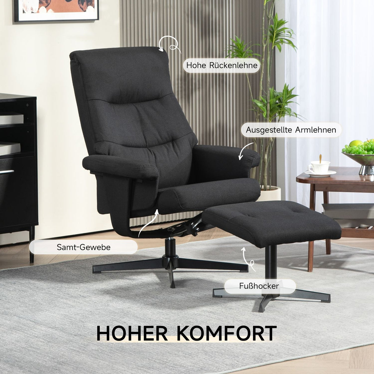Relaxation chair with stool, upholstered TV chair with reclining function, rocker function, swivel reclining chair with velvet look, for living room, bedroom, black