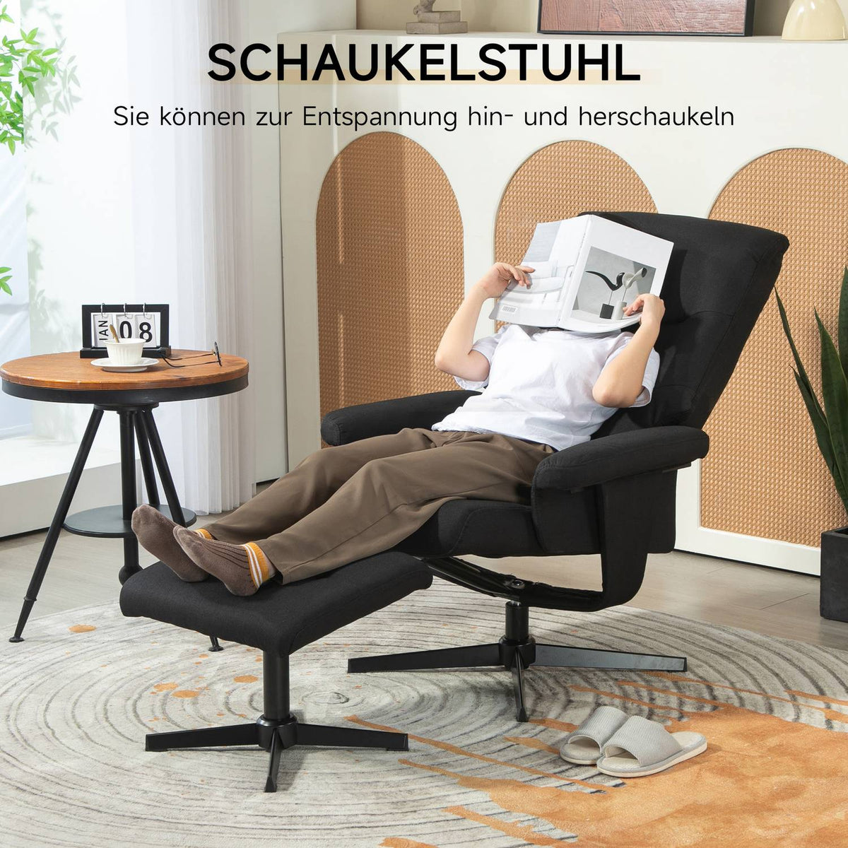 Relaxation chair with stool, upholstered TV chair with reclining function, rocker function, swivel reclining chair with velvet look, for living room, bedroom, black