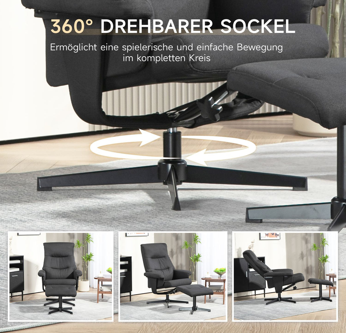 Relaxation chair with stool, upholstered TV chair with reclining function, rocker function, swivel reclining chair with velvet look, for living room, bedroom, black