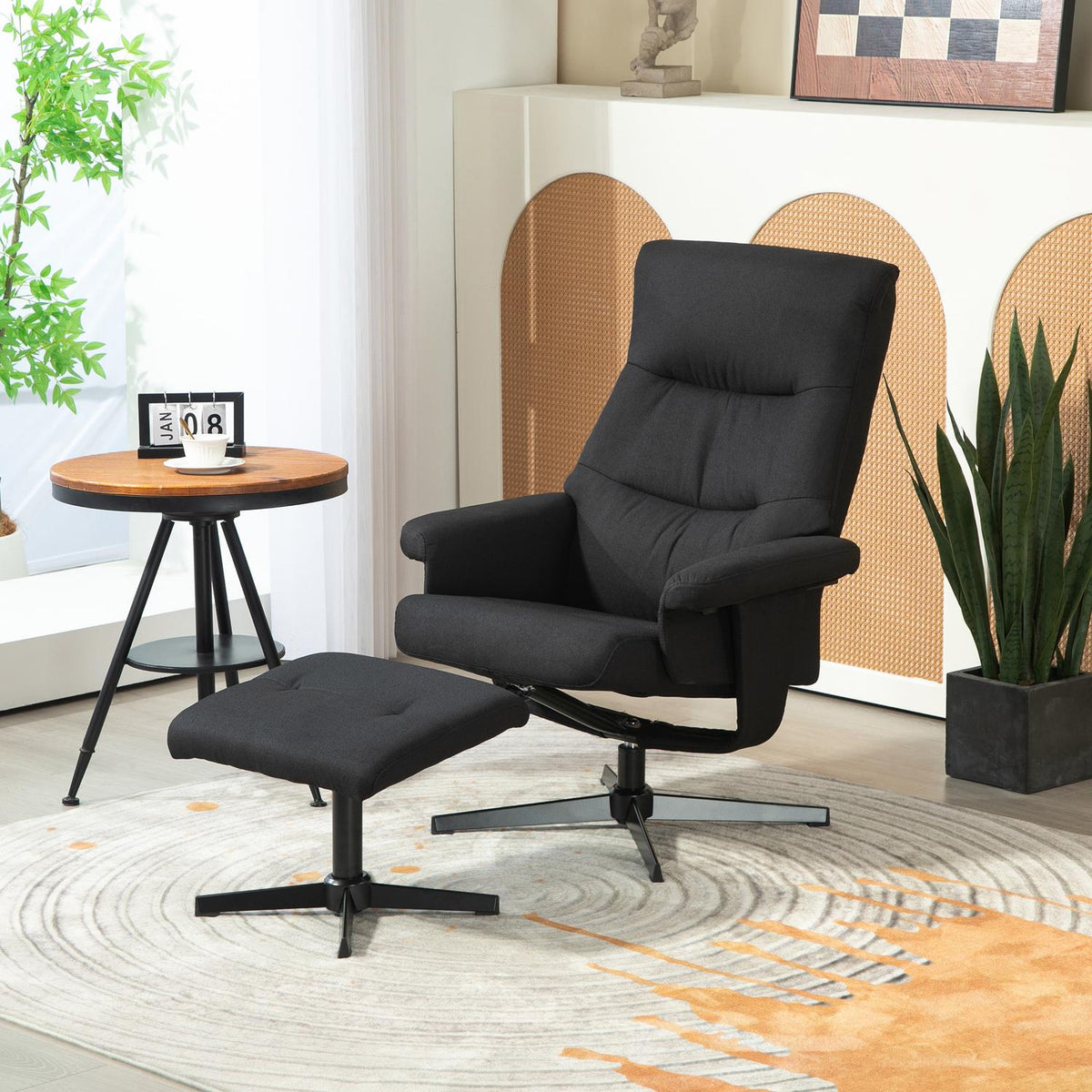 Relaxation chair with stool, upholstered TV chair with reclining function, rocker function, swivel reclining chair with velvet look, for living room, bedroom, black