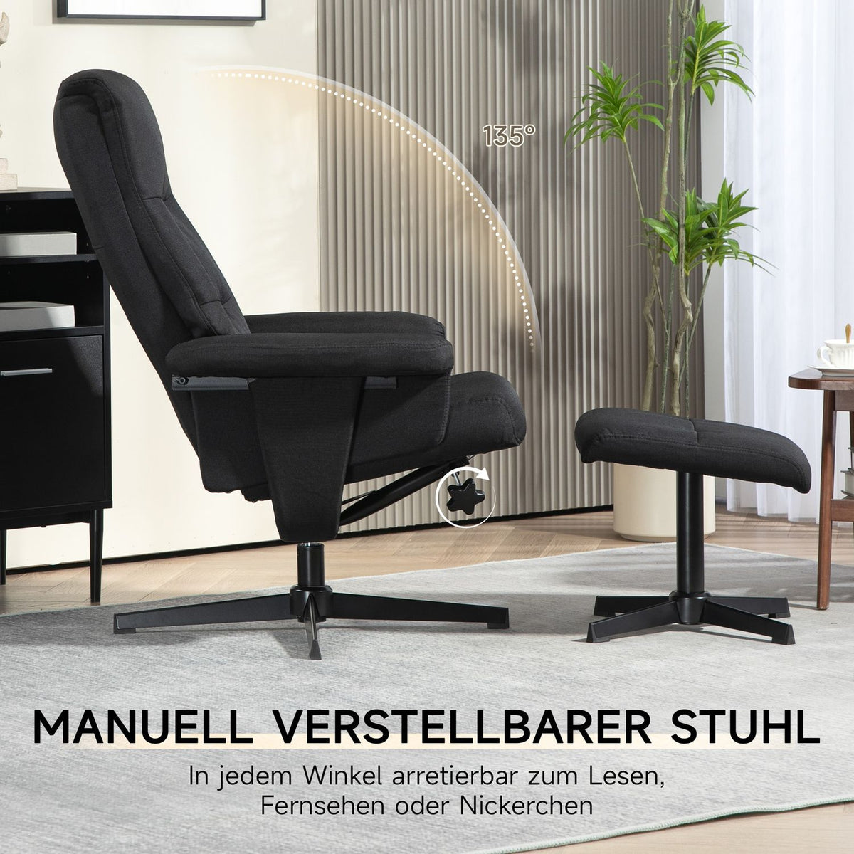 Relaxation chair with stool, upholstered TV chair with reclining function, rocker function, swivel reclining chair with velvet look, for living room, bedroom, black