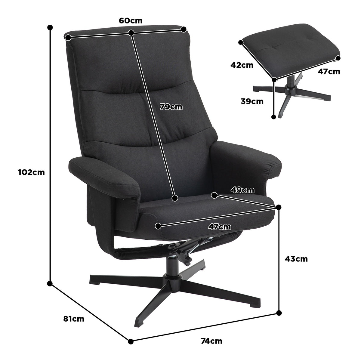 Relaxation chair with stool, upholstered TV chair with reclining function, rocker function, swivel reclining chair with velvet look, for living room, bedroom, black