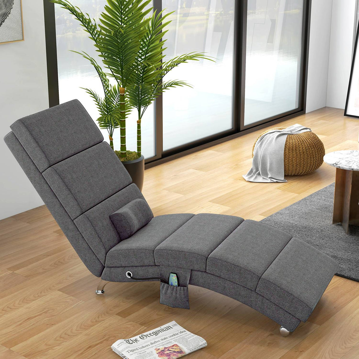 Relaxation lounger with massage function, electric lounge chair, massage chair with high backrest, remote control, folding TV chair with 5 modes, cushion, dark gray