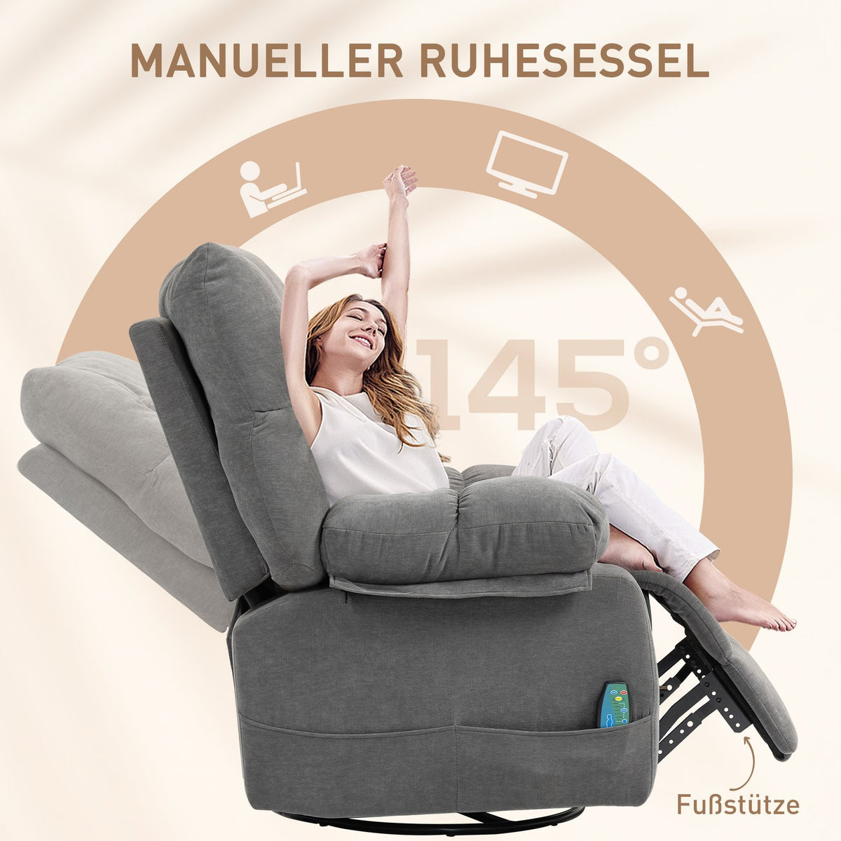 Relaxing chair with massage function, reclining function, rotating massage chair, 4 side pockets and remote control, dark grey