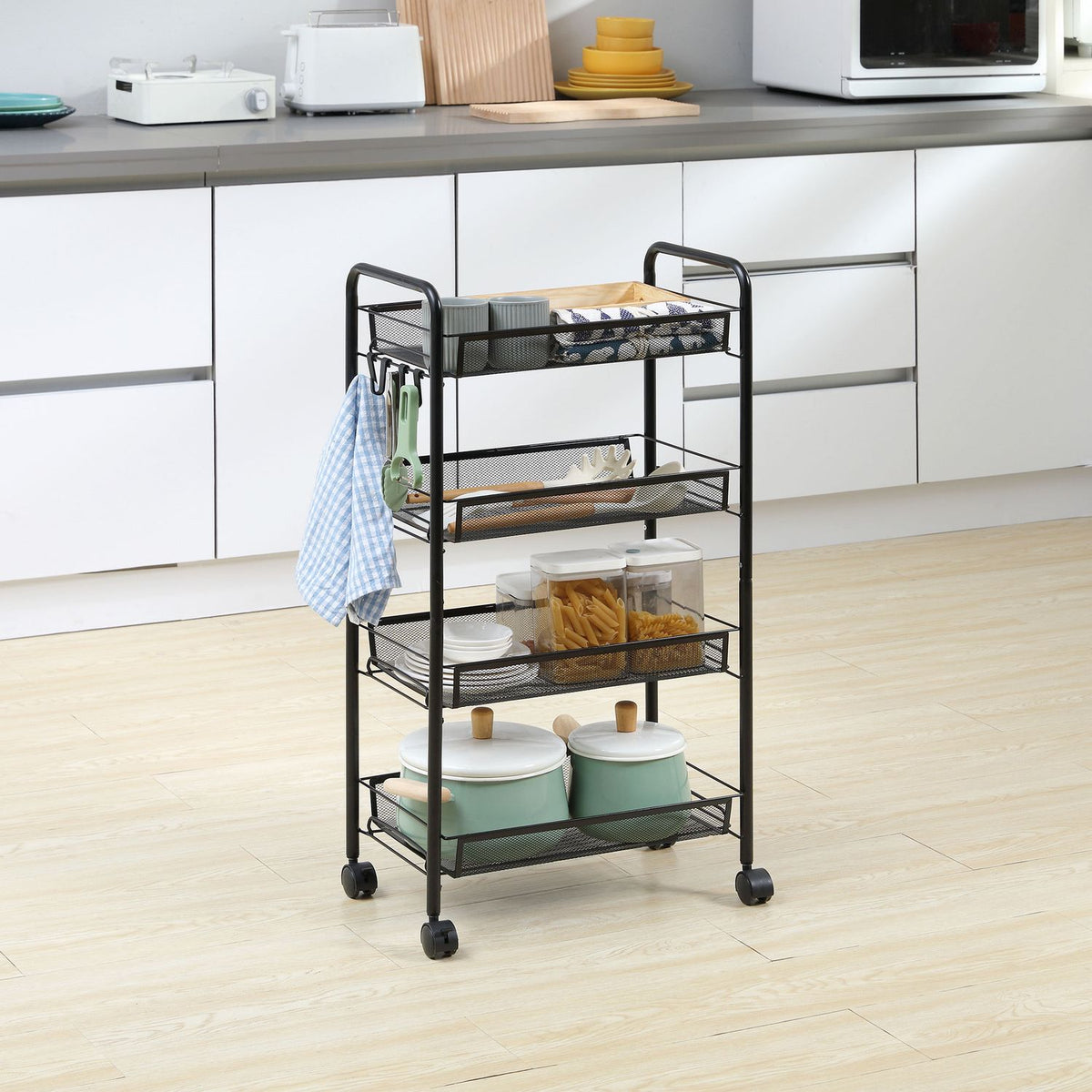Removable Serving Trolley 4 Tier Kitchen Trolley with Hooks Storage Trolley with Handle Brakes for Kitchen Living Room Steel Black