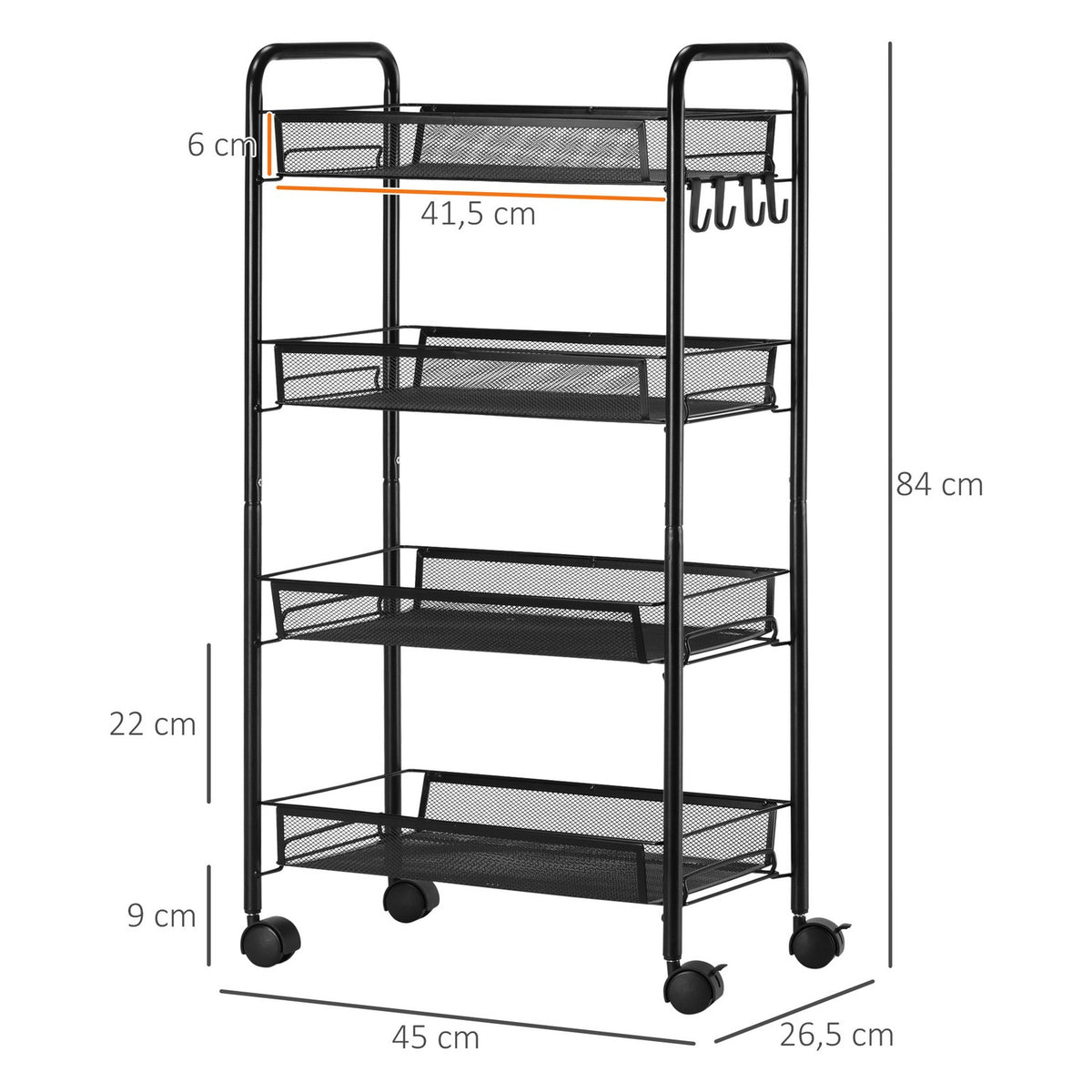 Removable Serving Trolley 4 Tier Kitchen Trolley with Hooks Storage Trolley with Handle Brakes for Kitchen Living Room Steel Black