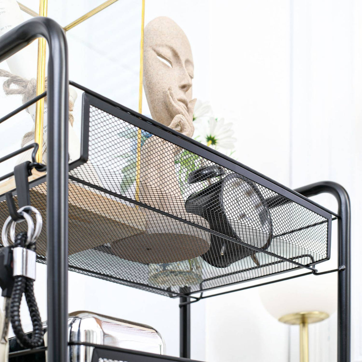 Removable Serving Trolley 4 Tier Kitchen Trolley with Hooks Storage Trolley with Handle Brakes for Kitchen Living Room Steel Black