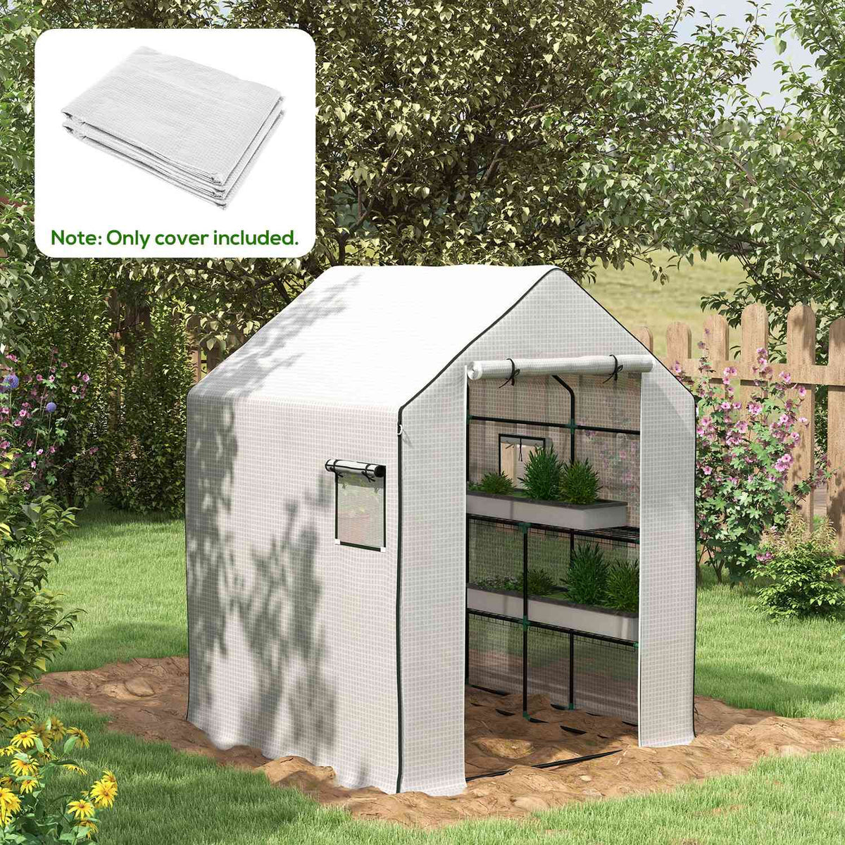Replacement Film Greenhouse Film with UV Protection, Side Window, Rolling Door, Replacement Cover, PE Film for Tomato House, Greenhouse, White, 140 x 143 x 190 cm