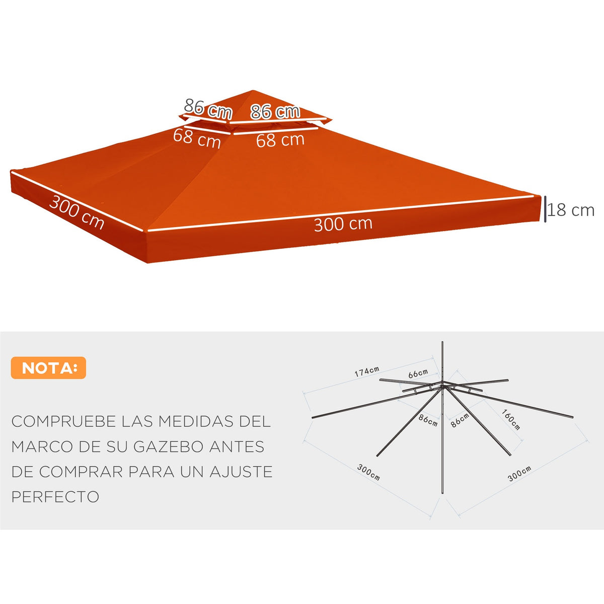 Replacement Roof Gazebo Roof For Metal Gazebo, Garden Gazebo, 3X3M, Rust Red, Polyester