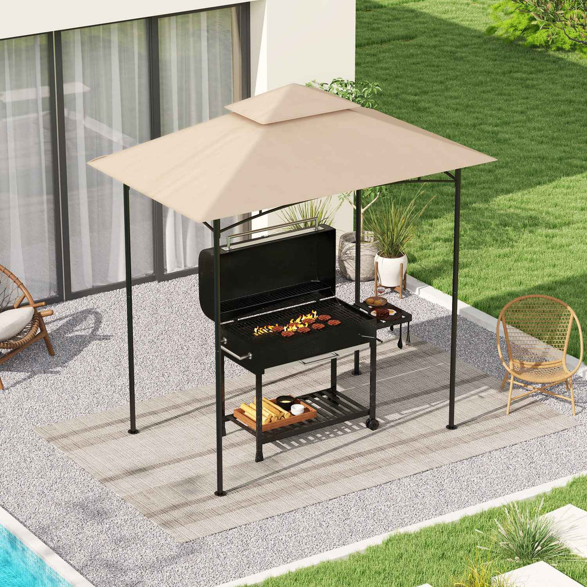 Replacement Roof for BBQ Gazebo 1.5m x 2.4m Replacement Roof Only, Double Tier Protective Cover, Water Resistant Outdoor Canopy, Roof Fits Outdoor BBQ Tent, Beige