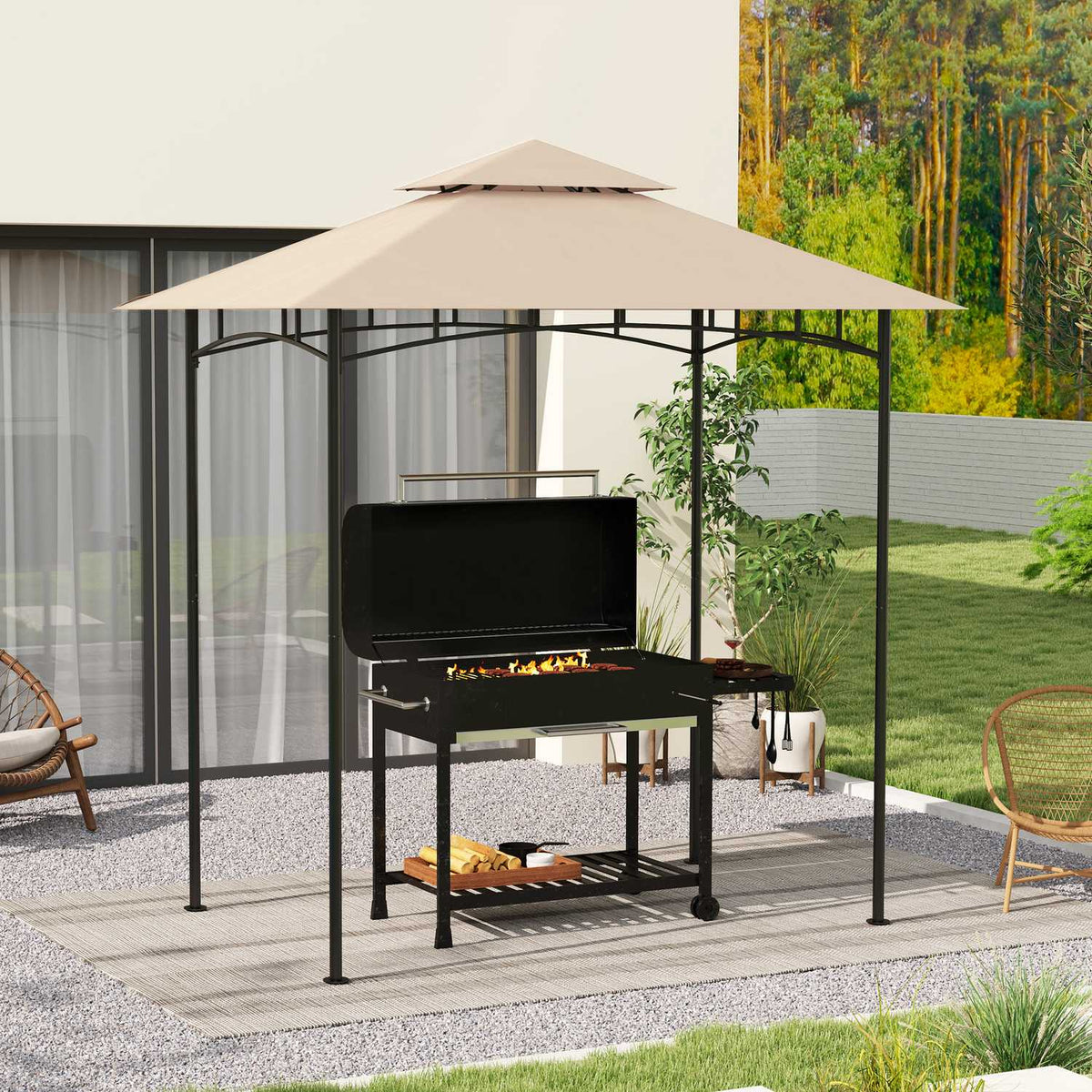 Replacement Roof for BBQ Gazebo 1.5m x 2.4m Replacement Roof Only, Double Tier Protective Cover, Water Resistant Outdoor Canopy, Roof Fits Outdoor BBQ Tent, Beige