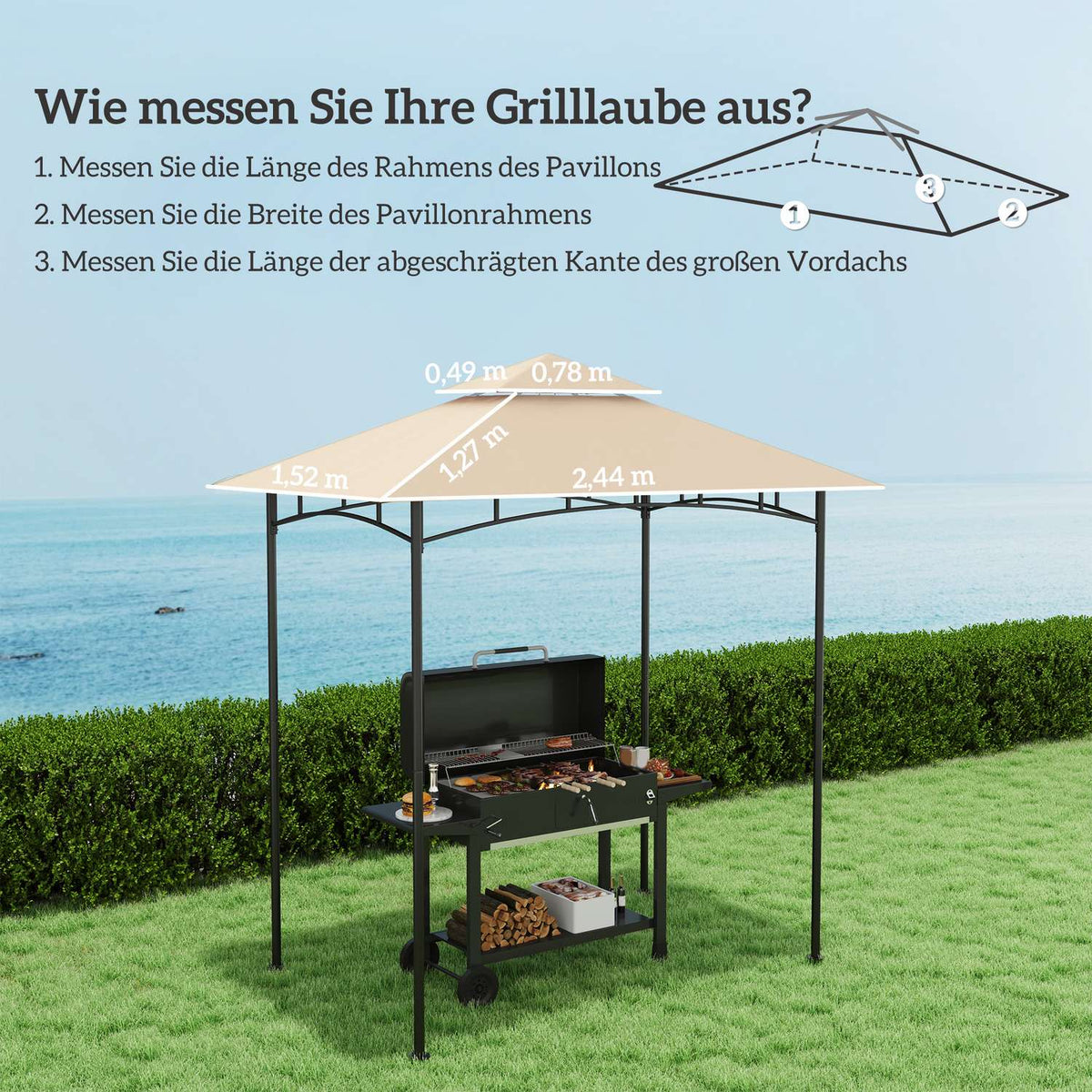 Replacement Roof for BBQ Gazebo 1.5m x 2.4m Replacement Roof Only, Double Tier Protective Cover, Water Resistant Outdoor Canopy, Roof Fits Outdoor BBQ Tent, Beige