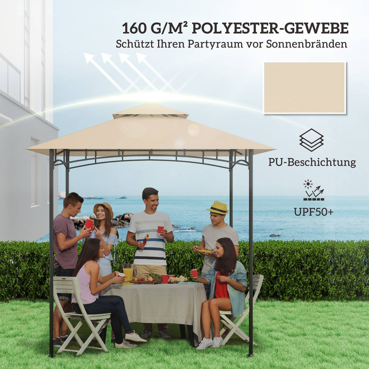Replacement Roof for BBQ Gazebo 1.5m x 2.4m Replacement Roof Only, Double Tier Protective Cover, Water Resistant Outdoor Canopy, Roof Fits Outdoor BBQ Tent, Beige