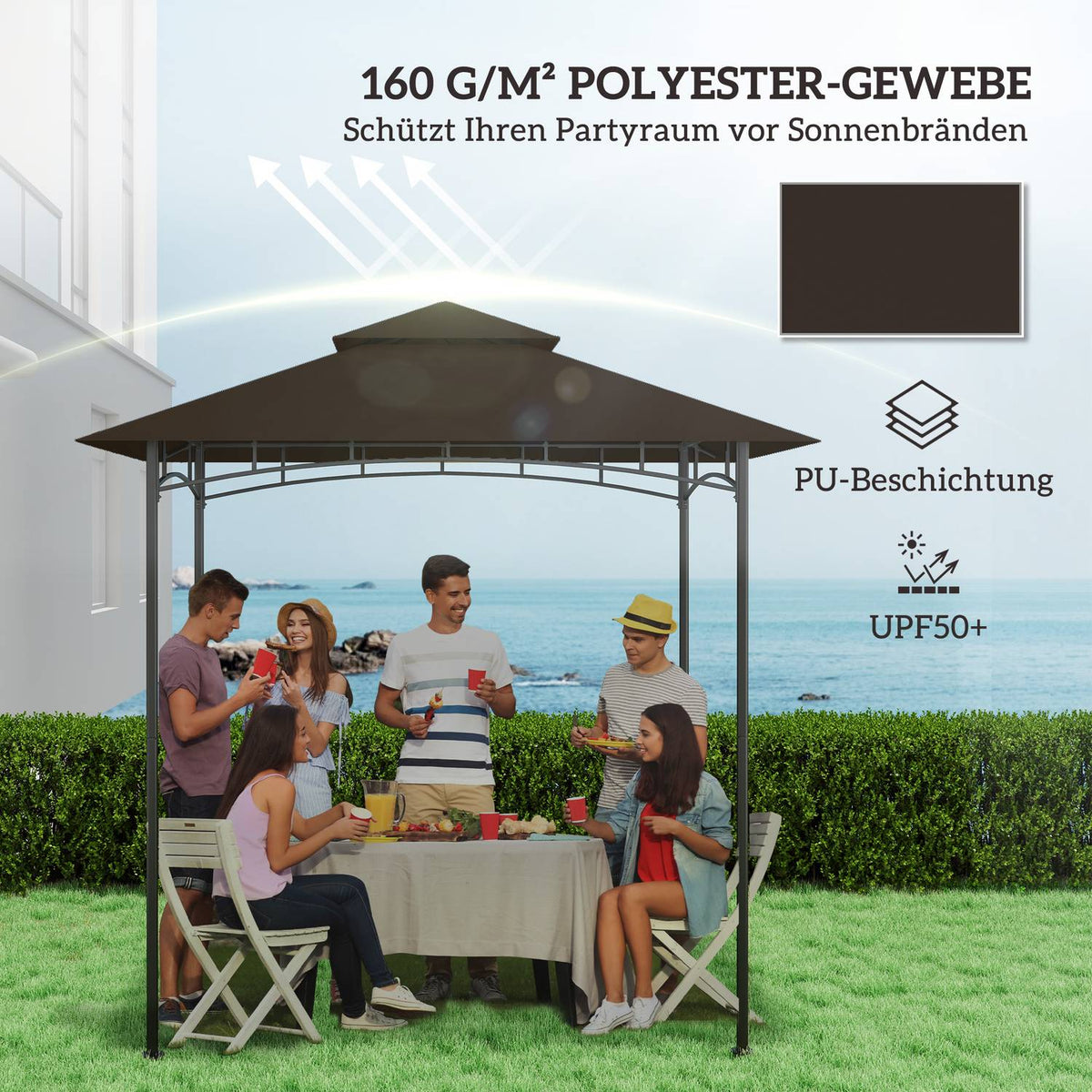Replacement Roof for BBQ Gazebo 1.5m x 2.4m Replacement Roof Only, Double Tier Protective Cover, Water Resistant Outdoor Canopy, Roof Fits Outdoor BBQ Tent, Coffee