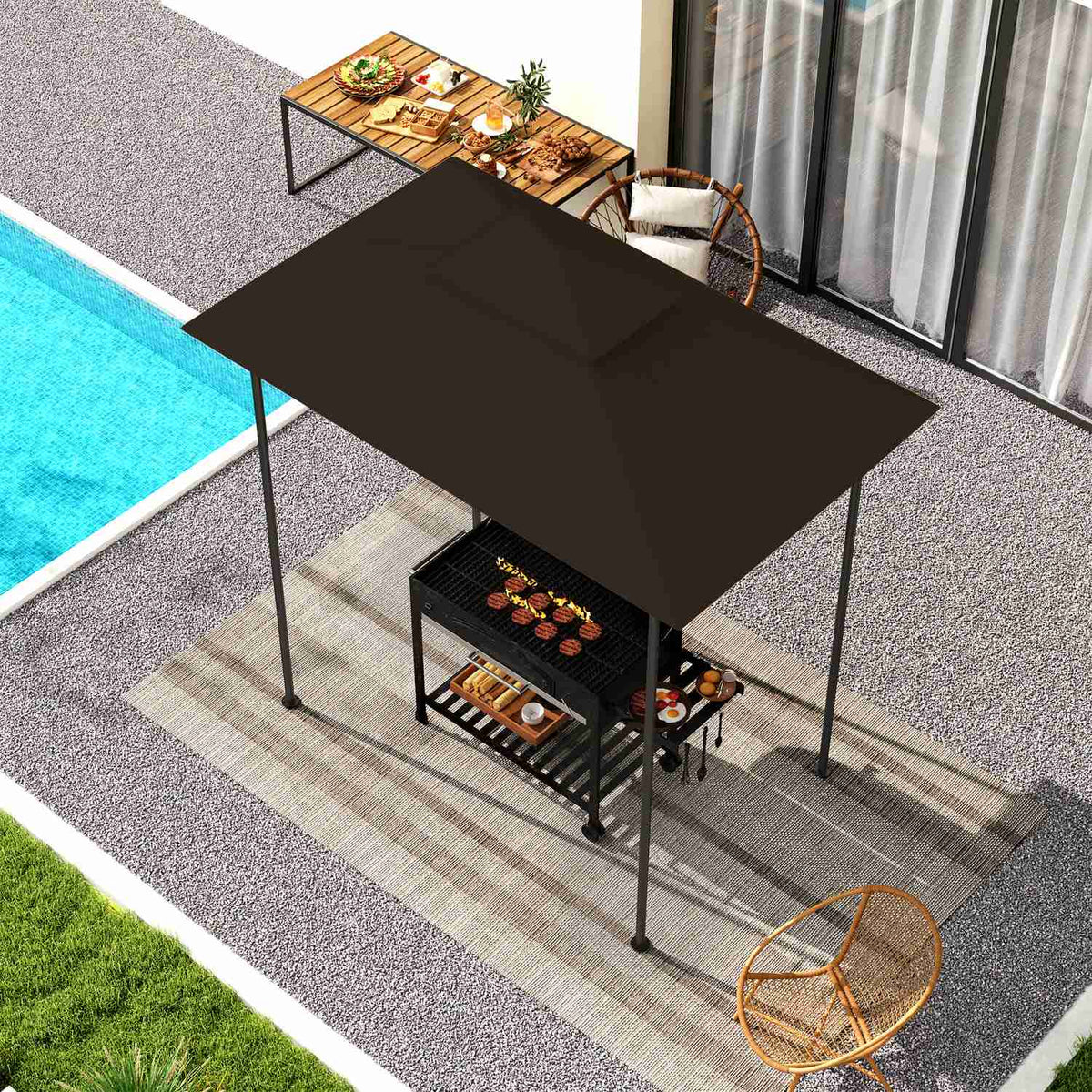 Replacement Roof for BBQ Gazebo 1.5m x 2.4m Replacement Roof Only, Double Tier Protective Cover, Water Resistant Outdoor Canopy, Roof Fits Outdoor BBQ Tent, Coffee