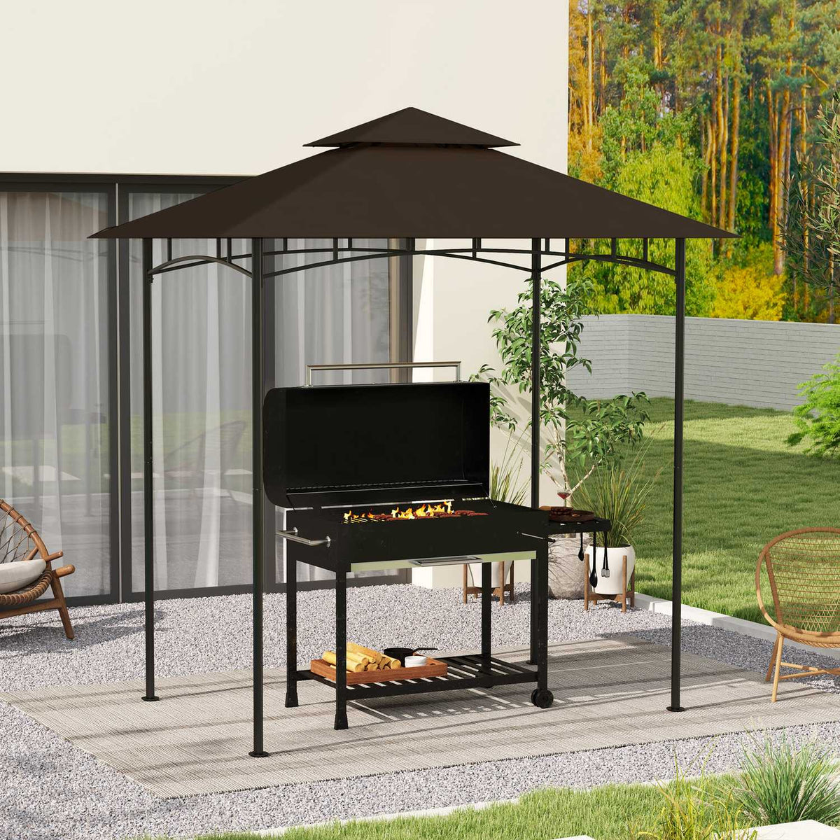 Replacement Roof for BBQ Gazebo 1.5m x 2.4m Replacement Roof Only, Double Tier Protective Cover, Water Resistant Outdoor Canopy, Roof Fits Outdoor BBQ Tent, Coffee