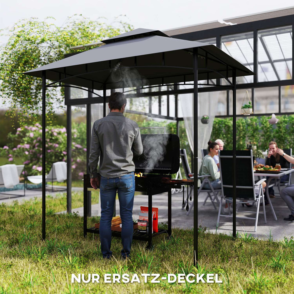 Replacement Roof for BBQ Gazebo 1.5m x 2.4m Replacement Roof Only, Double Tier Protective Cover, Water Resistant Outdoor Canopy, Roof Fits Outdoor BBQ Tent, Dark Gray