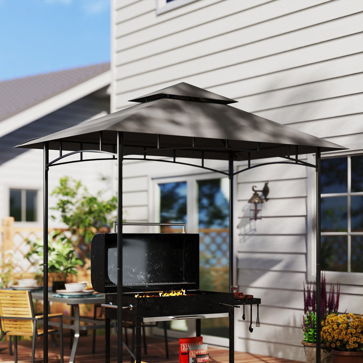 Replacement Roof for BBQ Gazebo 1.5m x 2.4m Replacement Roof Only, Double Tier Protective Cover, Water Resistant Outdoor Canopy, Roof Fits Outdoor BBQ Tent, Dark Gray