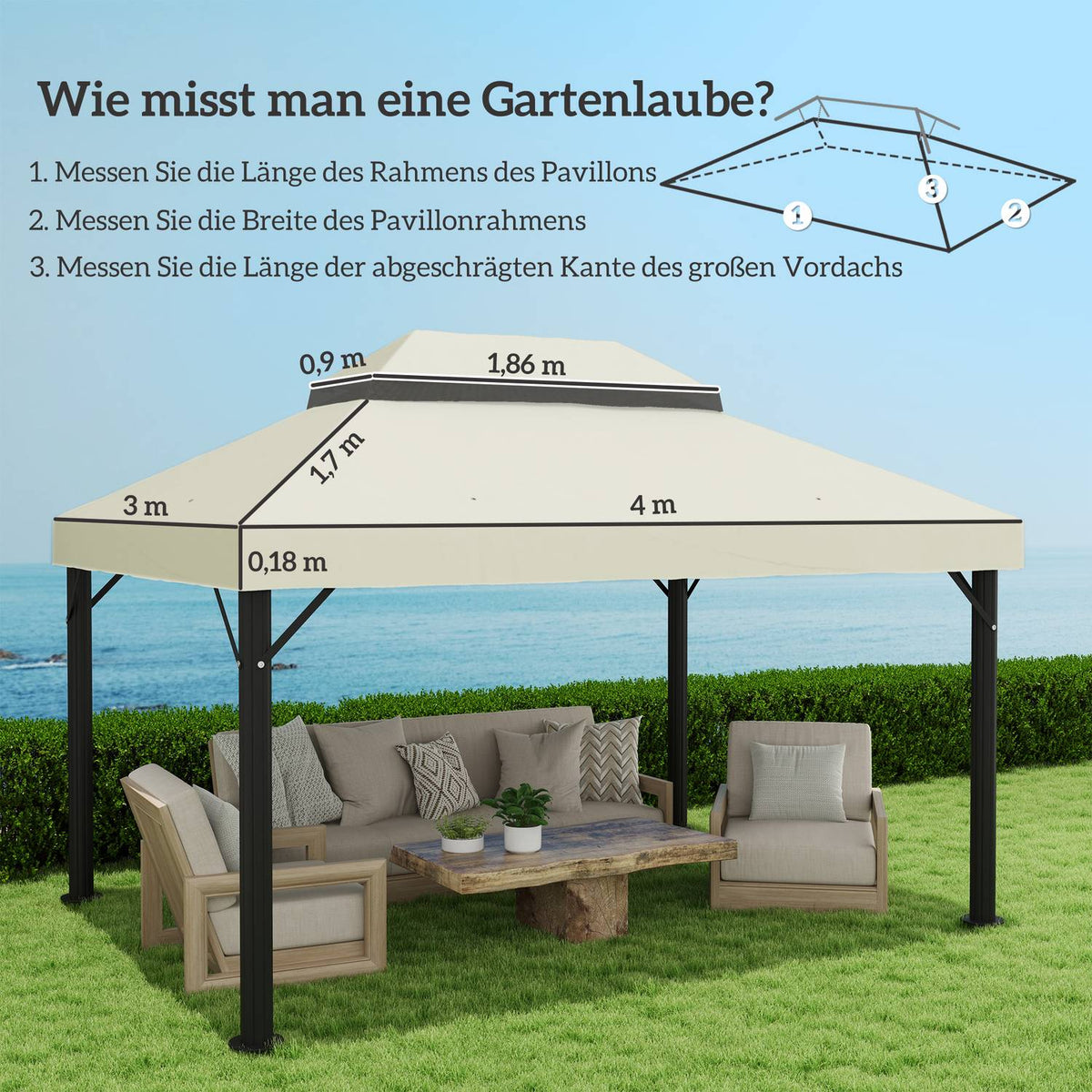 Replacement Roof for Garden Gazebo 3 x 4 m, Waterproof 370g/㎡ Double Roof Protective Cover, Rain Cover Replacement Cover, UPF30+, for Garden, Party, Patio, Cream White