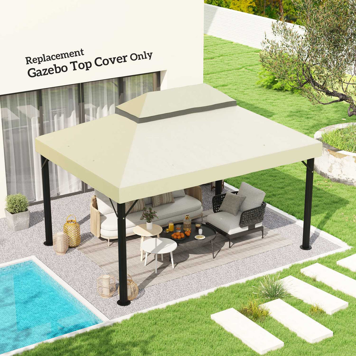 Replacement Roof for Garden Gazebo 3 x 4 m, Waterproof 370g/㎡ Double Roof Protective Cover, Rain Cover Replacement Cover, UPF30+, for Garden, Party, Patio, Cream White