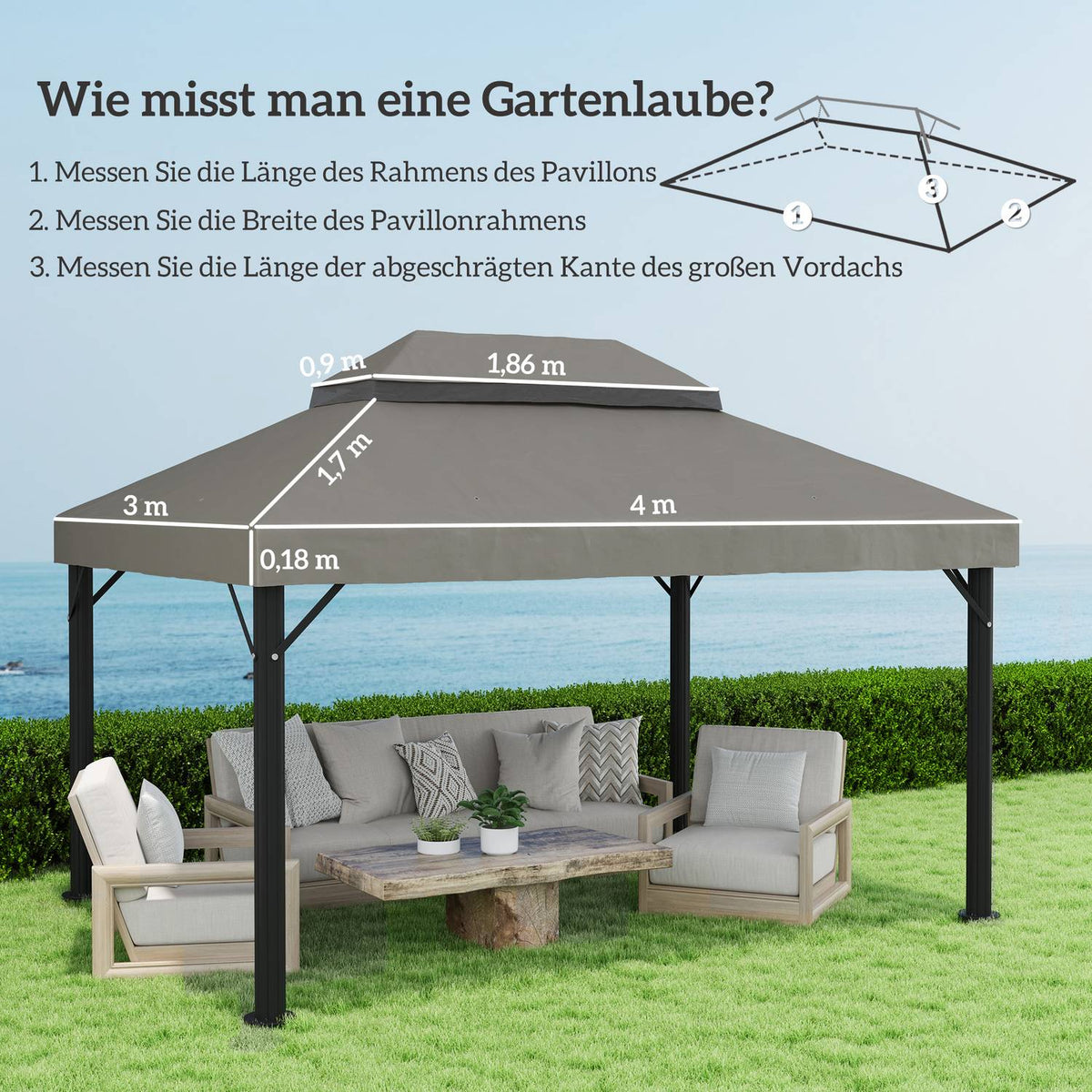 Replacement Roof for Garden Gazebo 3 x 4 m, Waterproof 370g/㎡ Double Roof Protective Cover, Rain Cover Replacement Cover, UPF30+, for Garden, Party, Patio, Light Gray