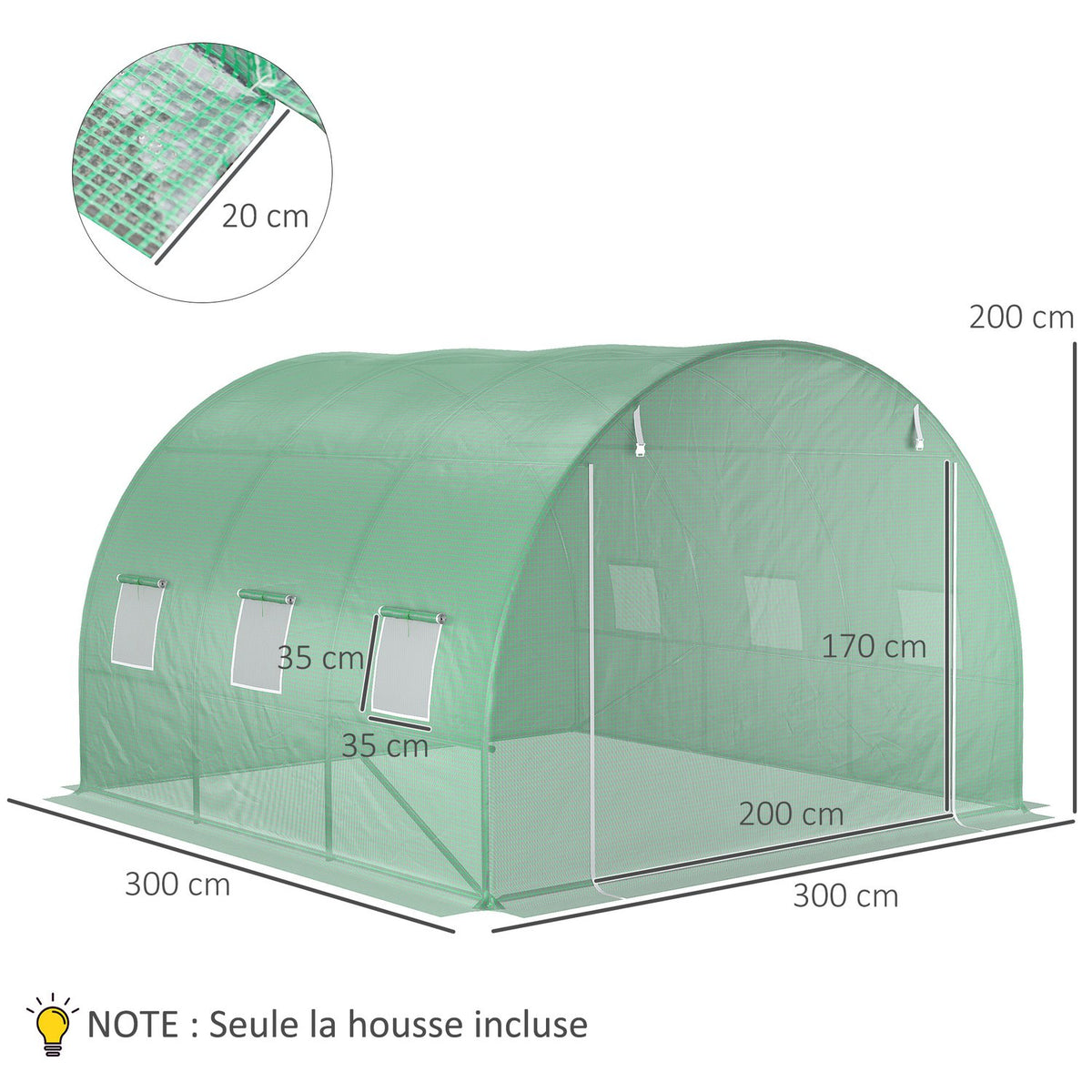 Replacement Tarpaulin for Garden Greenhouse Tunnel 9 m², Tarpaulin Dimensions 3L x 3W x 2H m PE Anti-UV Waterproof 6 Windows + Rollable Zip Door Green