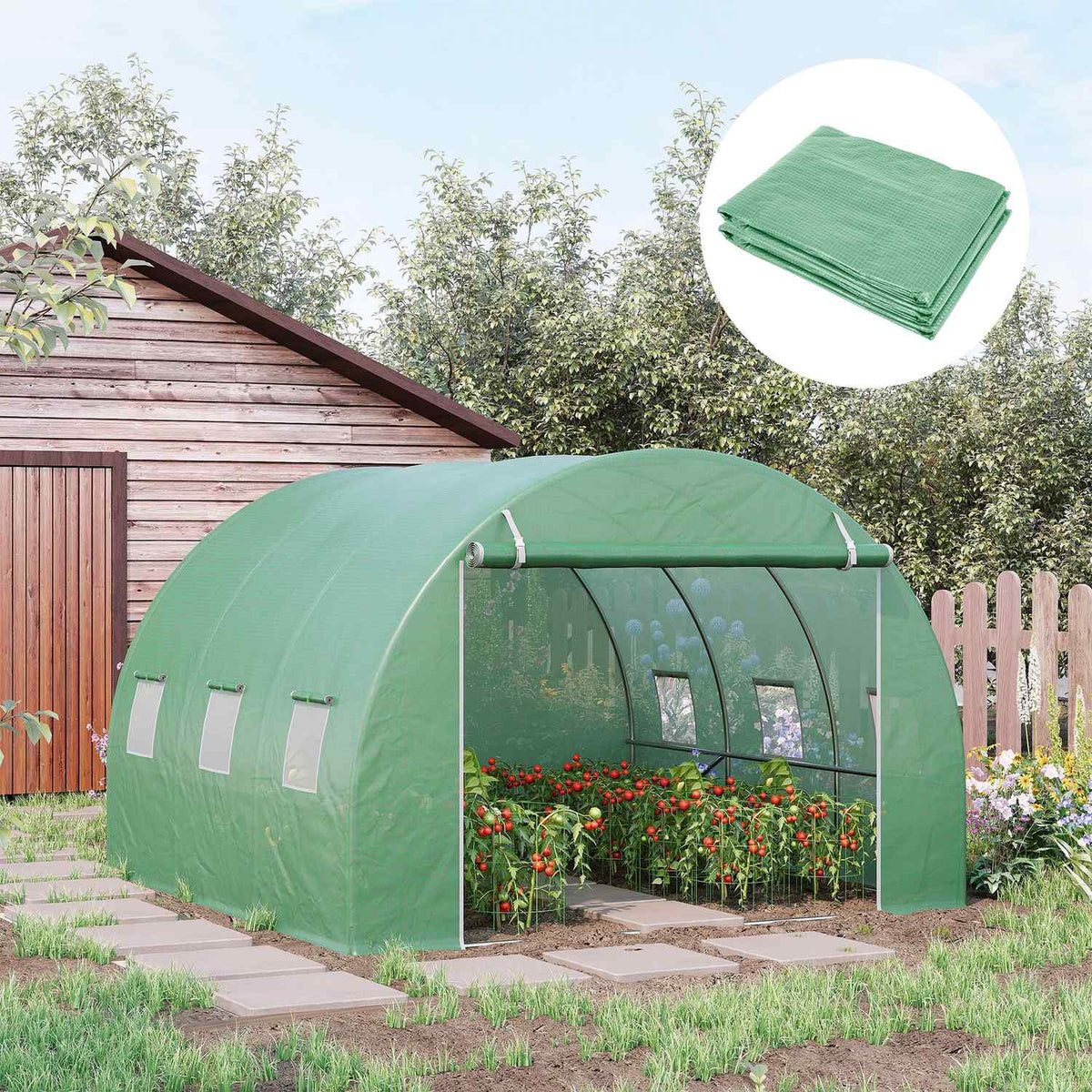Replacement Tarpaulin for Garden Greenhouse Tunnel 9 m², Tarpaulin Dimensions 3L x 3W x 2H m PE Anti-UV Waterproof 6 Windows + Rollable Zip Door Green